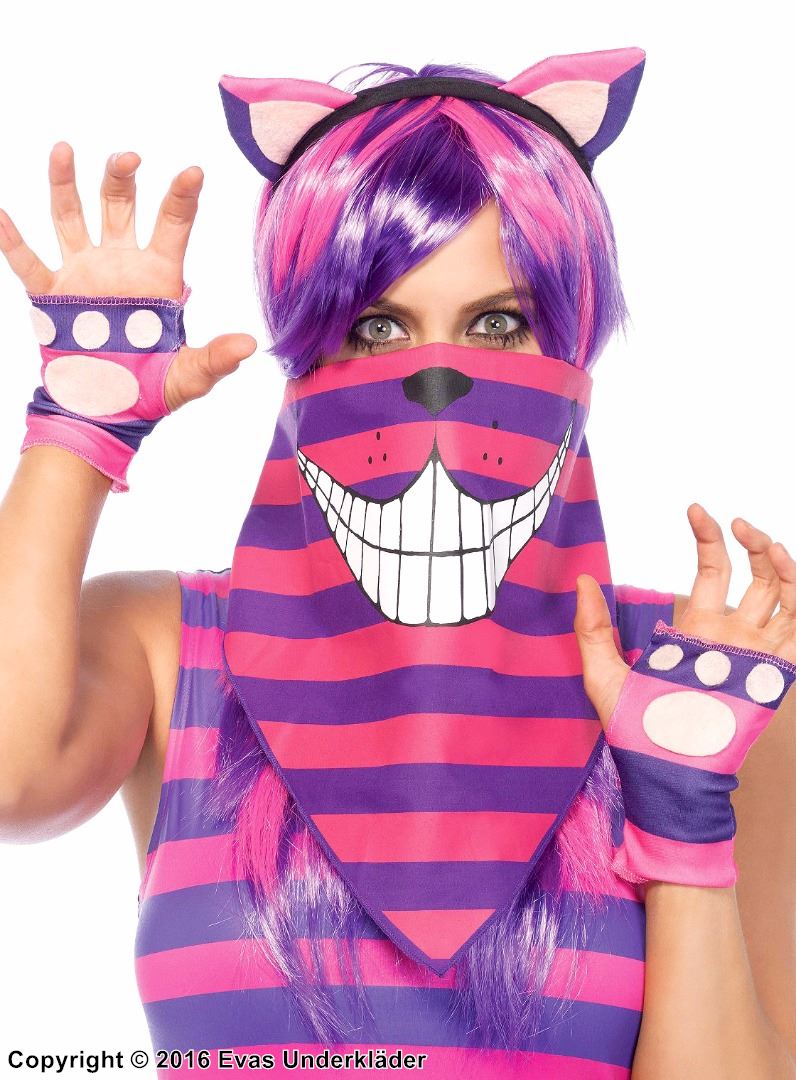 Female Cheshire Cat from Alice in Wonderland, costume mask, horizontal stripes